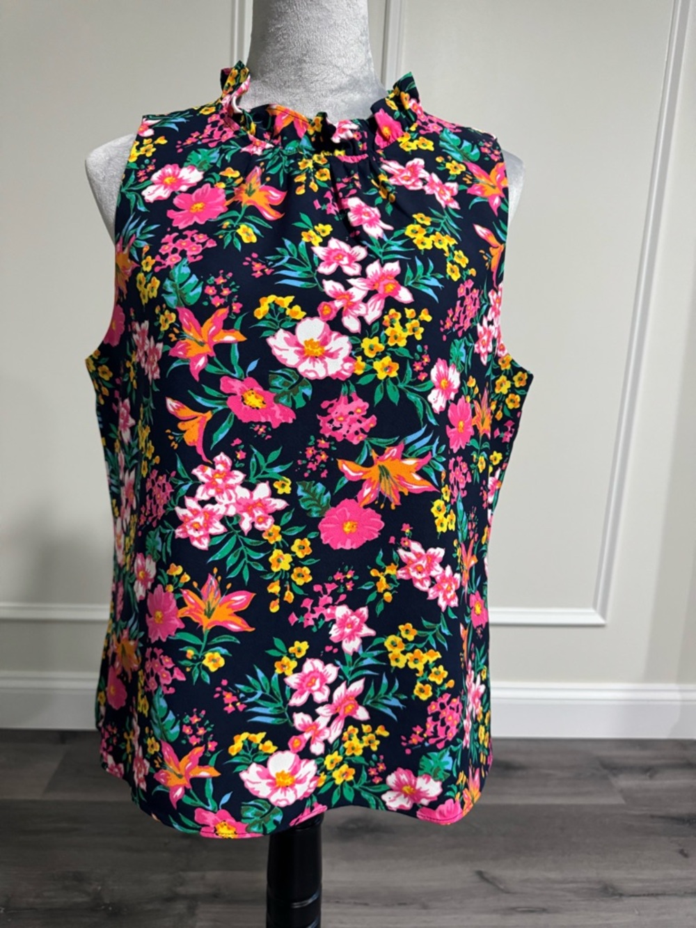 J. Crew Navy Sleeveless Floral Ruffle-Neck Top with Pink & Yellow Blooms